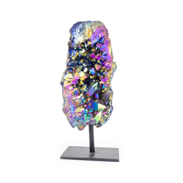 Small rainbow titanium quartz on black metal base, front facing, iridescent colors on white background.